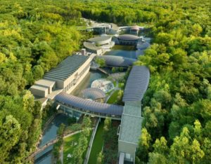Aerial view of Crystal Bridges.