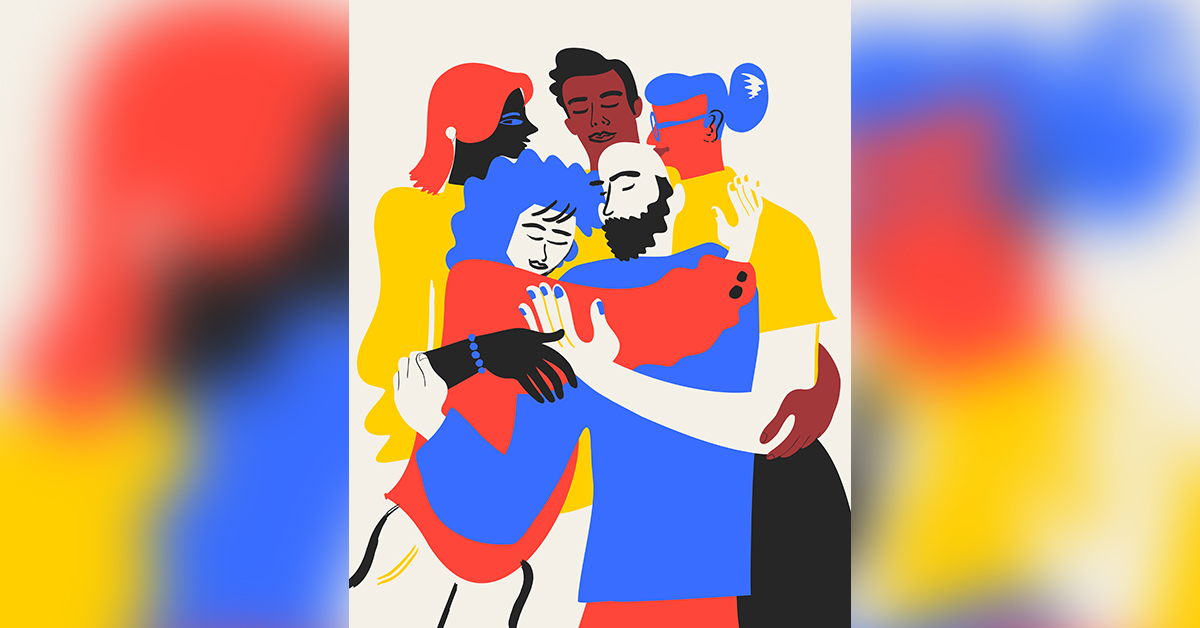 Illustration of a group of hugging people, using bright primary colors.